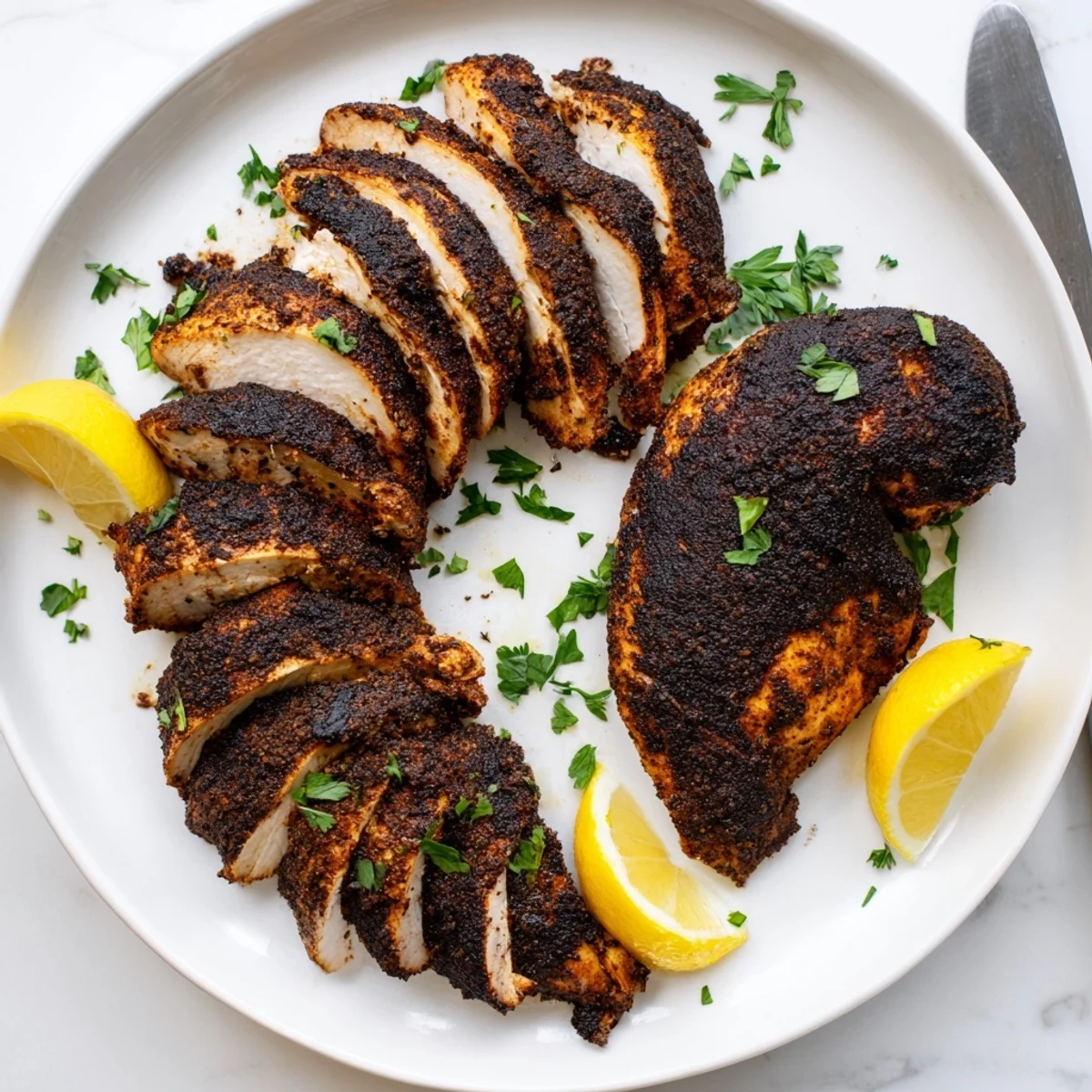 Cast iron skillet filled with perfectly seared blackened chicken breasts with caramelized spice edges