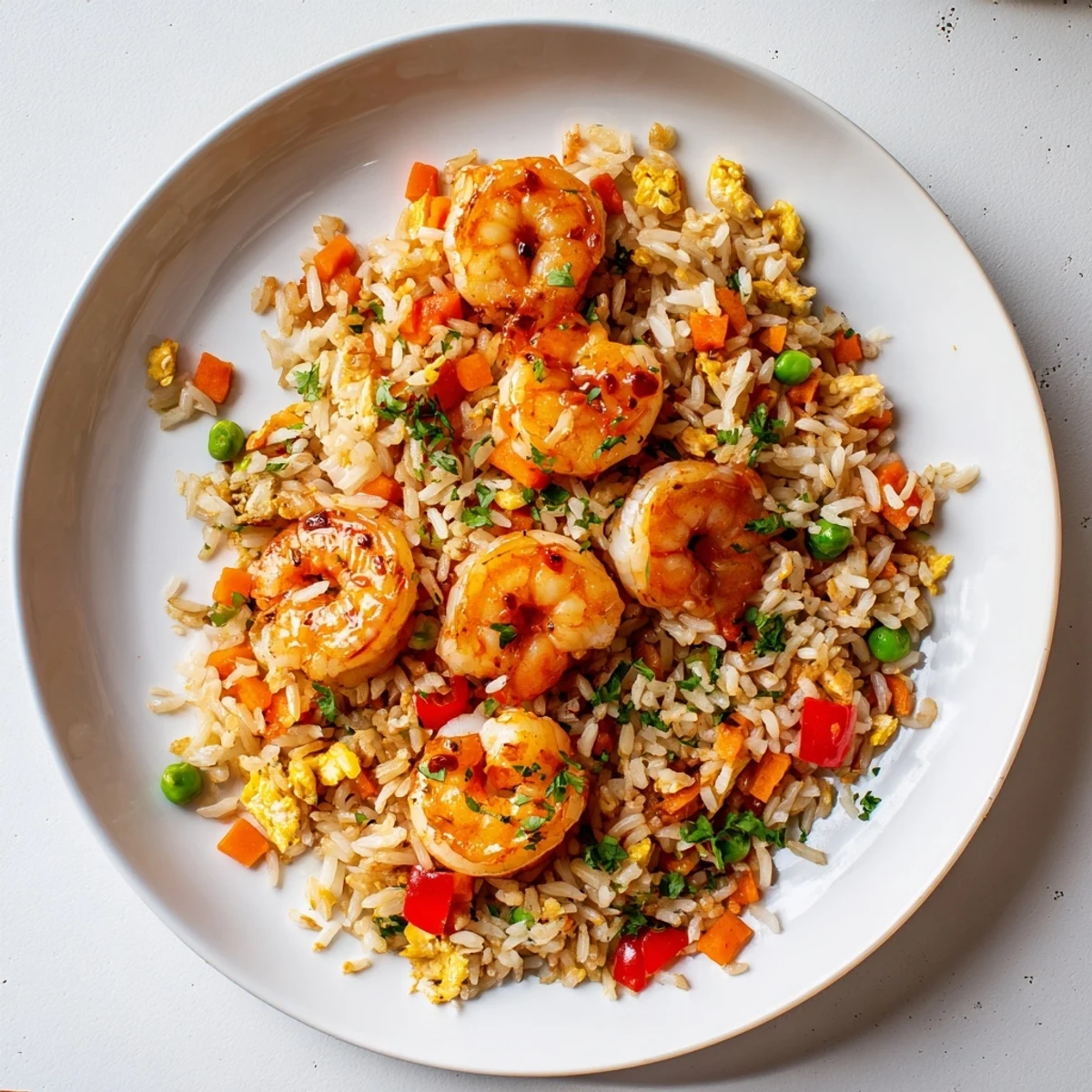 Golden garlic prawns arranged over colorful sweet chilli fried rice with vibrant vegetables and fresh parsley garnish