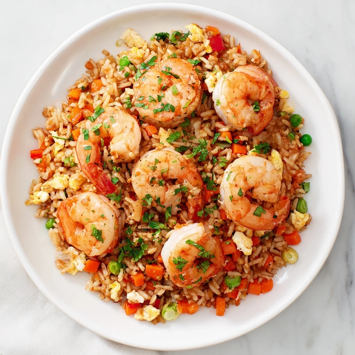 Savory Asian fusion bowl featuring juicy garlic prawns atop sweet chilli fried rice with diced peppers and peas