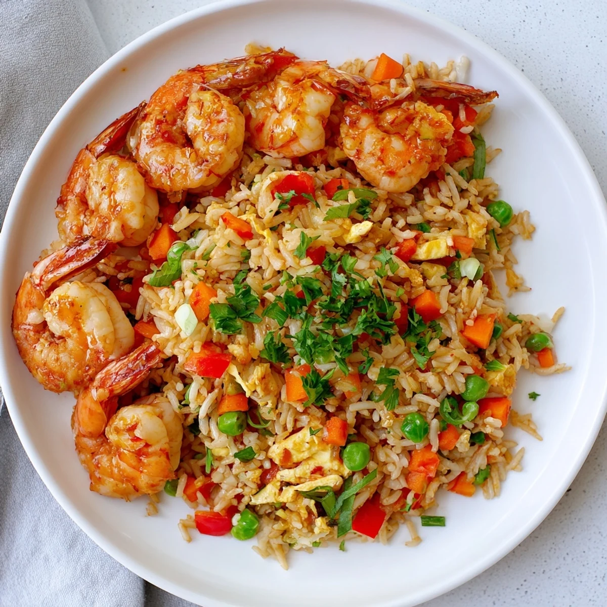 Plated garlic prawns and sweet chilli fried rice showcasing tender seafood, scrambled eggs, and crisp vegetables in a comforting main dish