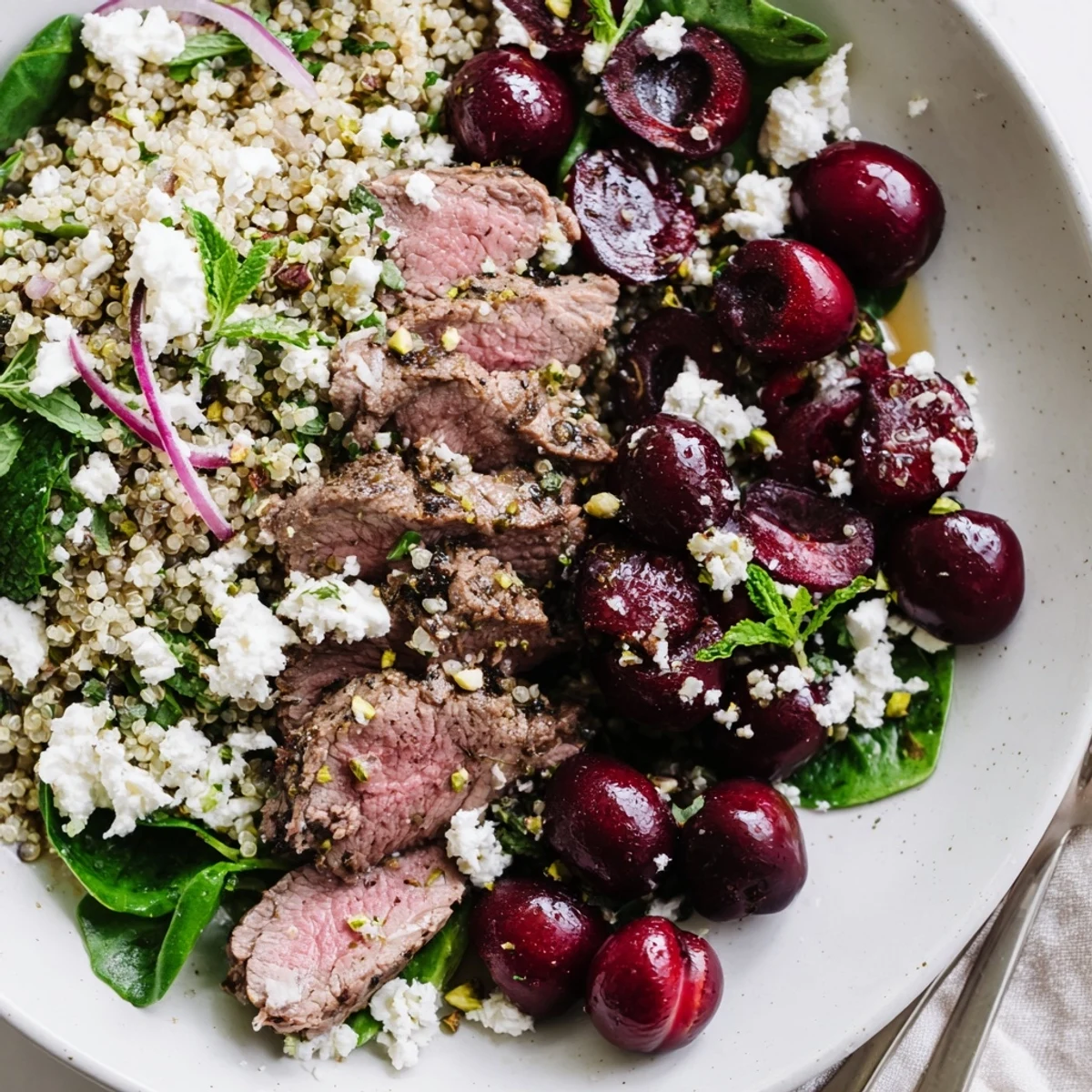 Colorful cherry quinoa salad with lamb featuring fresh cherries, spinach, and crumbled feta in a white bowl