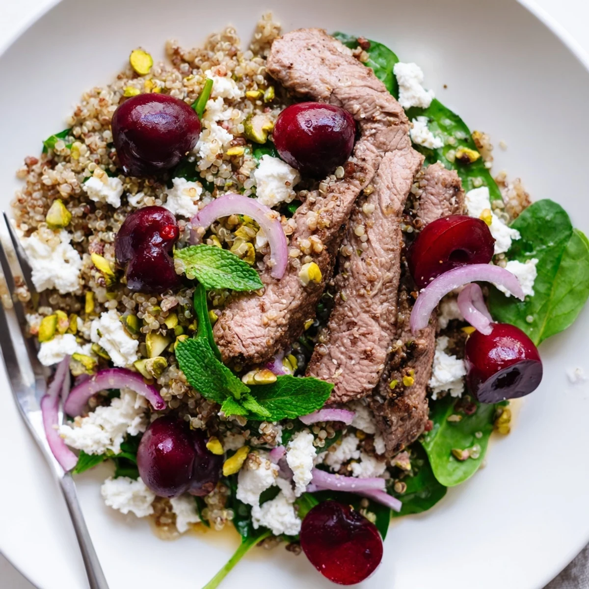 Mediterranean-style cherry quinoa salad with tender spiced lamb, ruby cherries, and fluffy quinoa on rustic wooden table