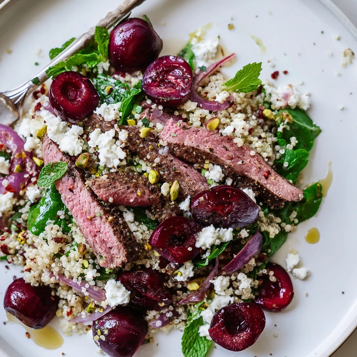 Protein-packed cherry quinoa salad with lamb topped with toasted pistachios, mint, and zesty lemon dressing