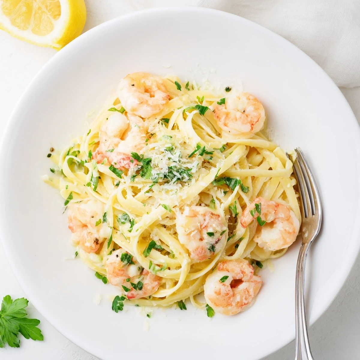 Golden shrimp scampi garlic cream pasta twirled on a white plate with fresh parsley garnish