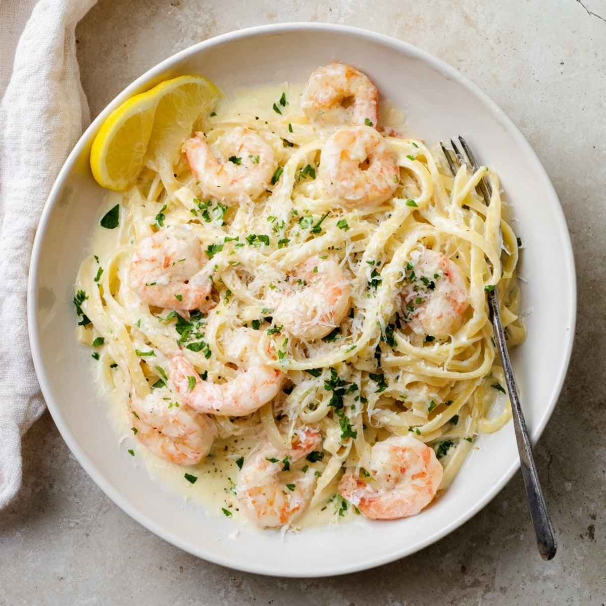 Succulent shrimp nestled in garlic cream sauce over pasta topped with chopped herbs