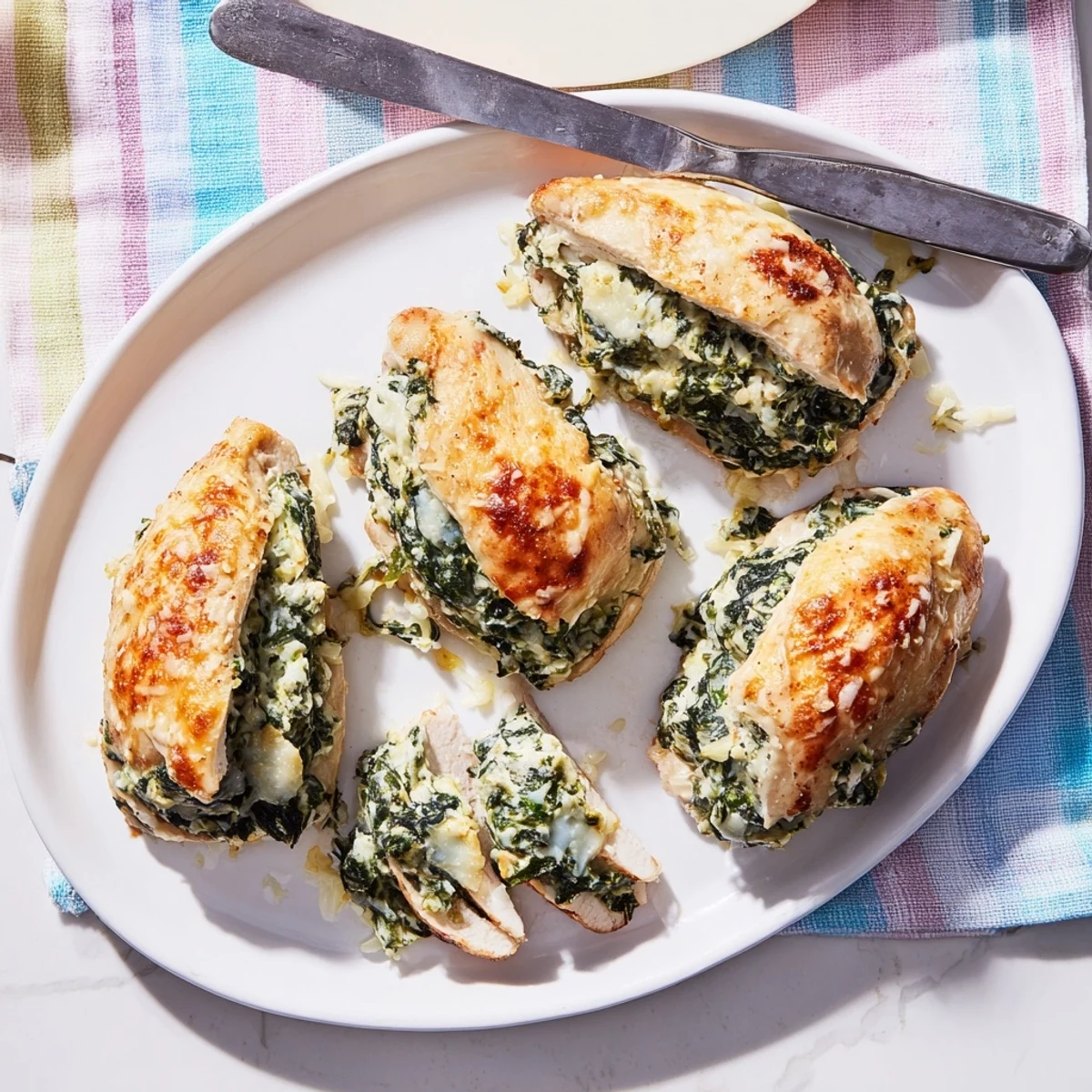 Golden brown spinach ricotta chicken breasts with melted cheese topping on white ceramic baking dish
