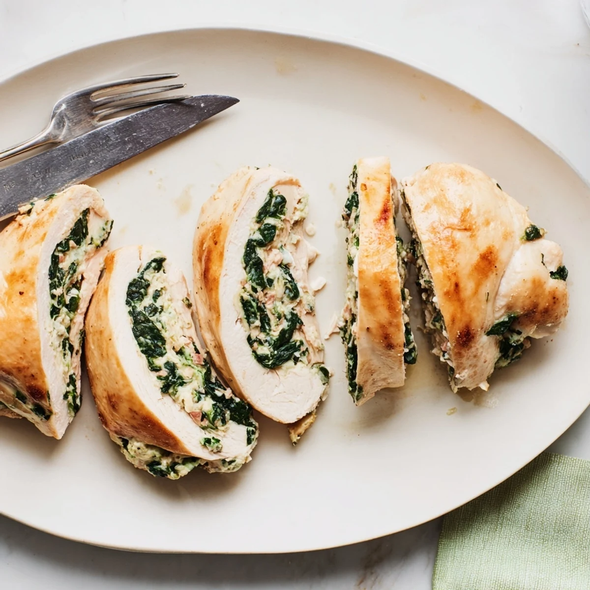 Sliced stuffed chicken revealing creamy green spinach ricotta filling alongside fresh salad and roasted vegetables