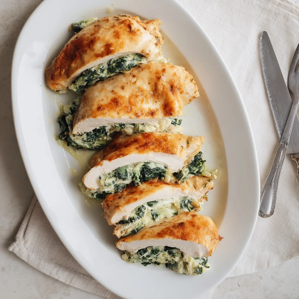 Baked stuffed chicken breast with parmesan crust plated with pasta and fresh basil garnish