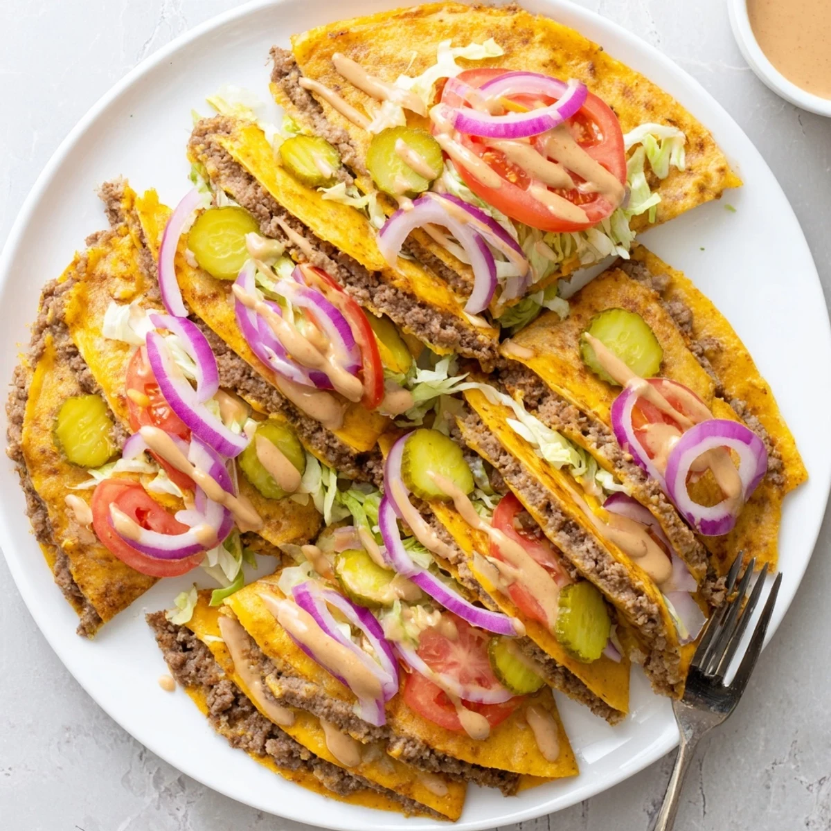 Golden crispy smashburger quesadilla filled with juicy seasoned beef and melted cheddar cheese