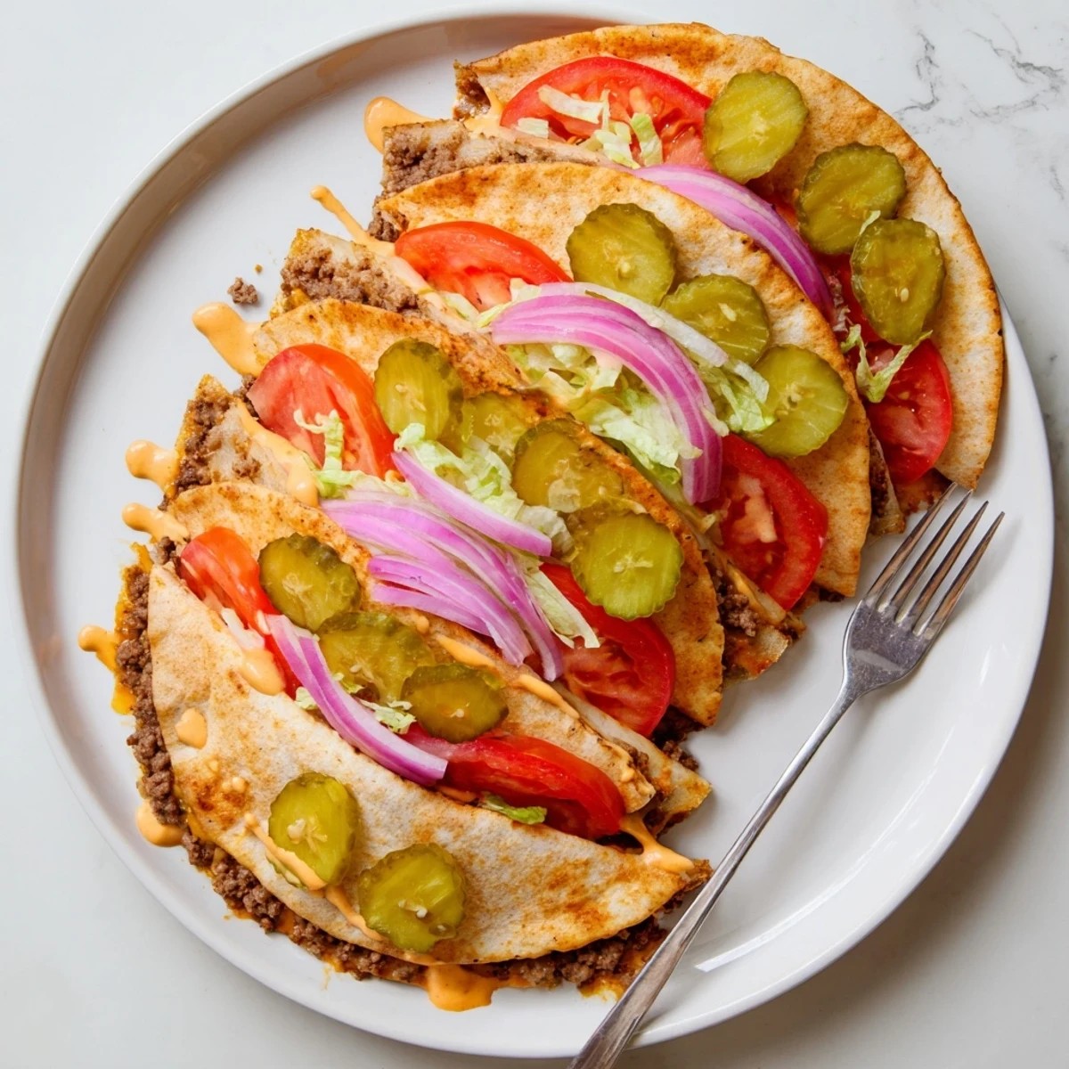 Halved tortilla showcasing smashed beef patty layered with fresh lettuce, tomato, and burger sauce