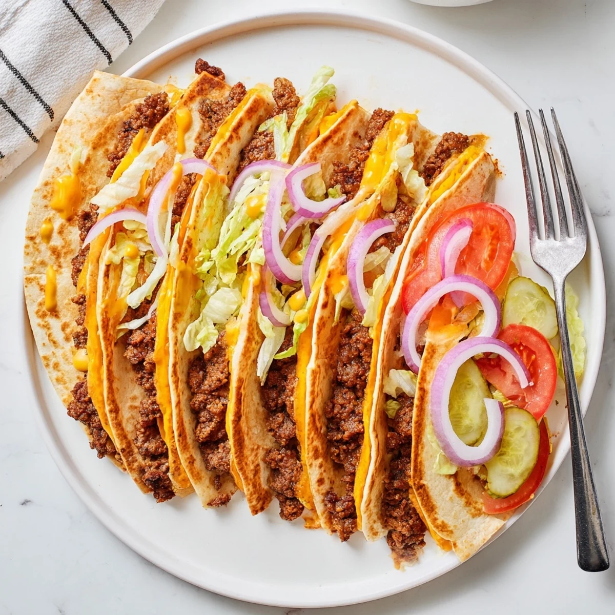 Sliced quesadilla wedges plated with red onion, pickles, and gooey cheese oozing from edges
