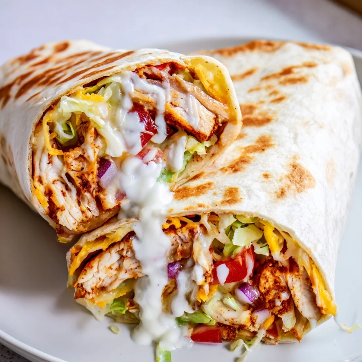 Homemade garlic chicken wraps with crispy vegetables and gooey cheese ready for quick lunch dinner