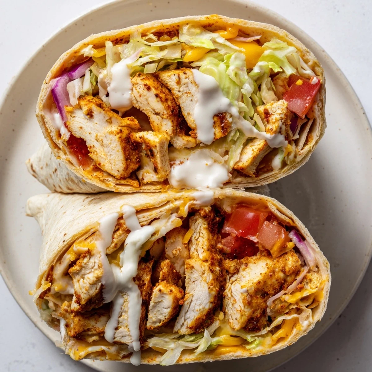 Golden cheesy garlic chicken wraps sliced in half revealing colorful lettuce tomato and red onion