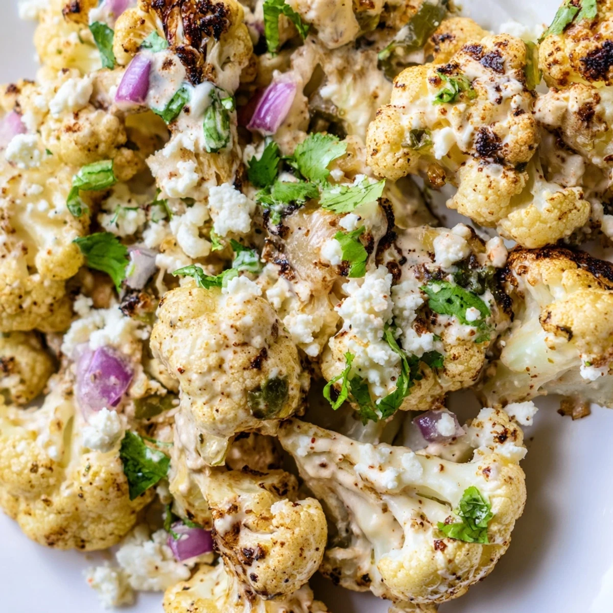Golden roasted cauliflower elote coated in creamy lime mayo sauce and topped with crumbled cotija cheese and fresh cilantro