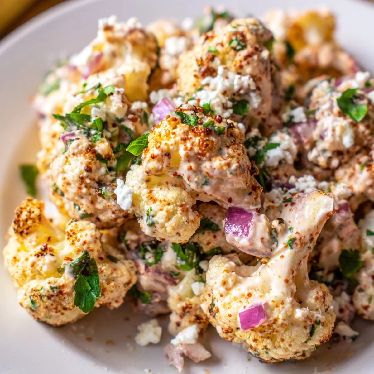 Close up of spicy cauliflower elote bites drizzled with tangy cream sauce and sprinkled with cheese and cilantro