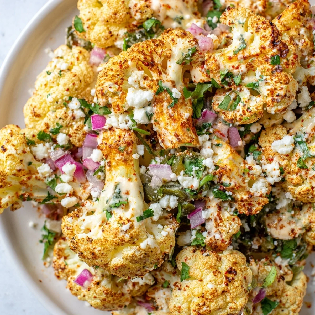 Mexican street corn style cauliflower elote served on a white platter with chili powder, red onion, and jalapeño garnish
