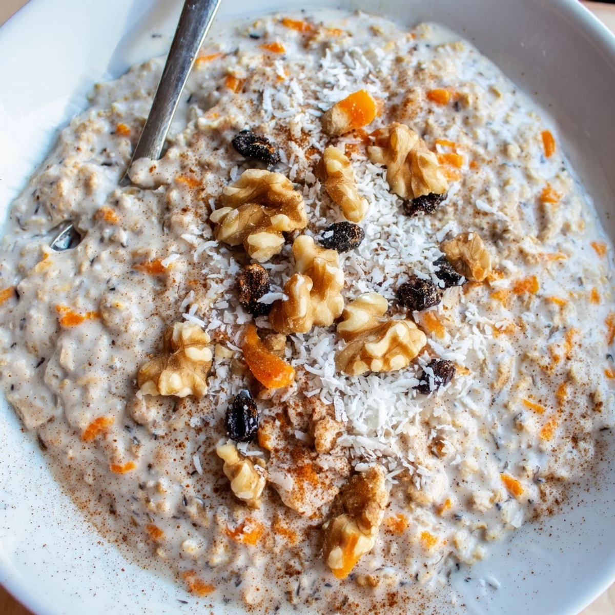 Creamy carrot cake overnight oats topped with chopped walnuts, raisins, and coconut flakes