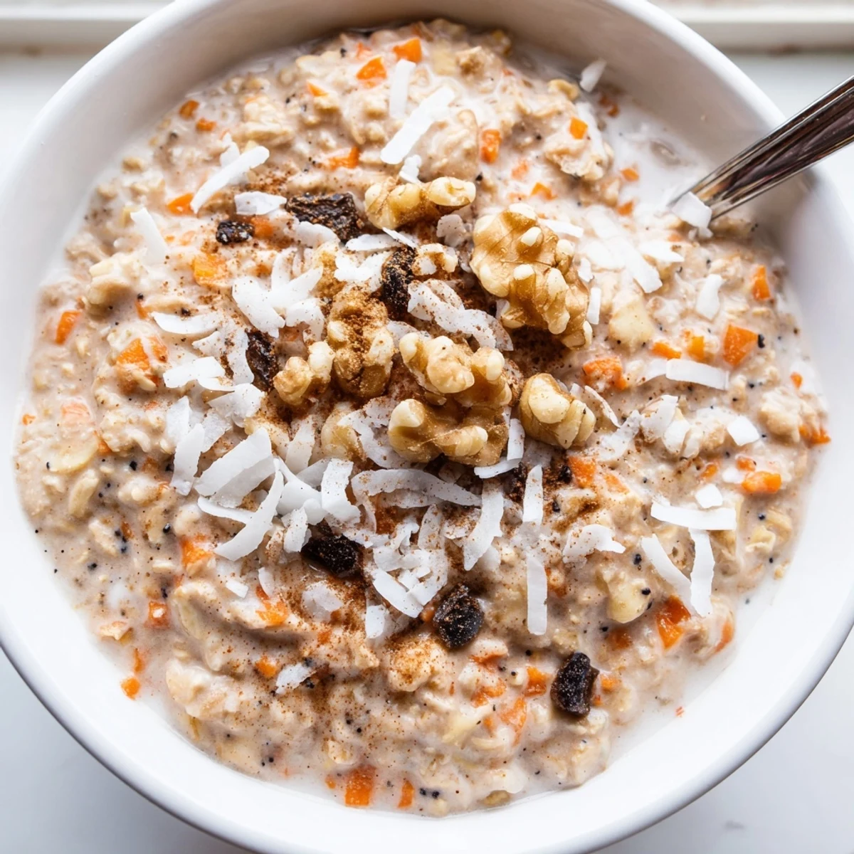 Wholesome breakfast jar filled with spiced carrot cake overnight oats with grated carrot