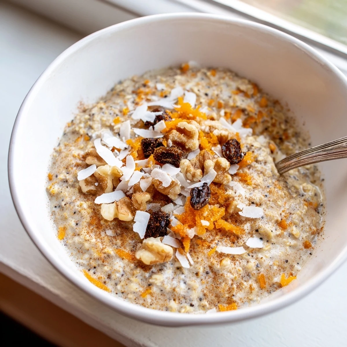 Easy make-ahead carrot cake overnight oats in a glass bowl with crunchy pecan topping