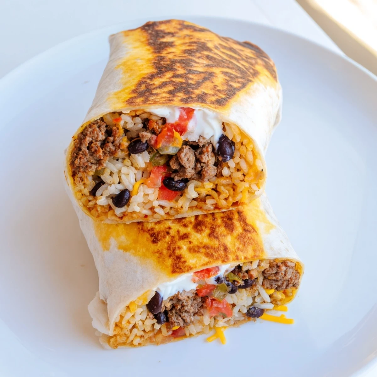Whole grilled cheese burrito with golden tortilla filled with beans rice and cheese