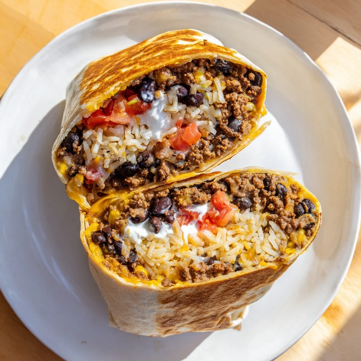Golden crispy grilled cheese burrito sliced open revealing seasoned beef and melty cheddar