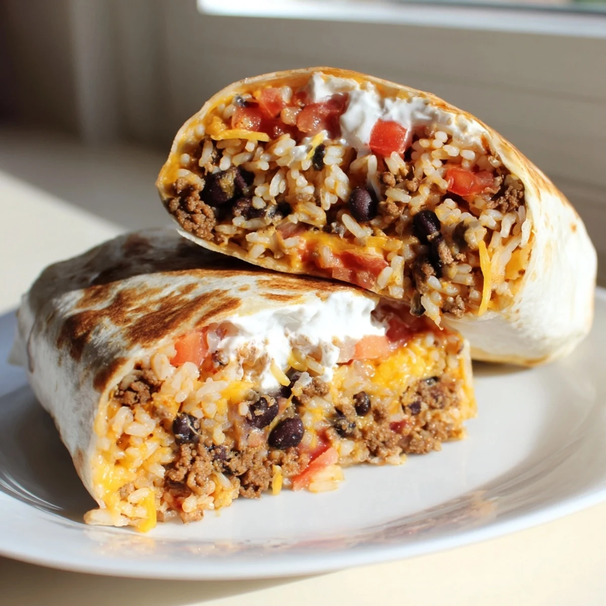 Close-up of grilled cheese burrito cross-section showing layers of seasoned beef melted cheese