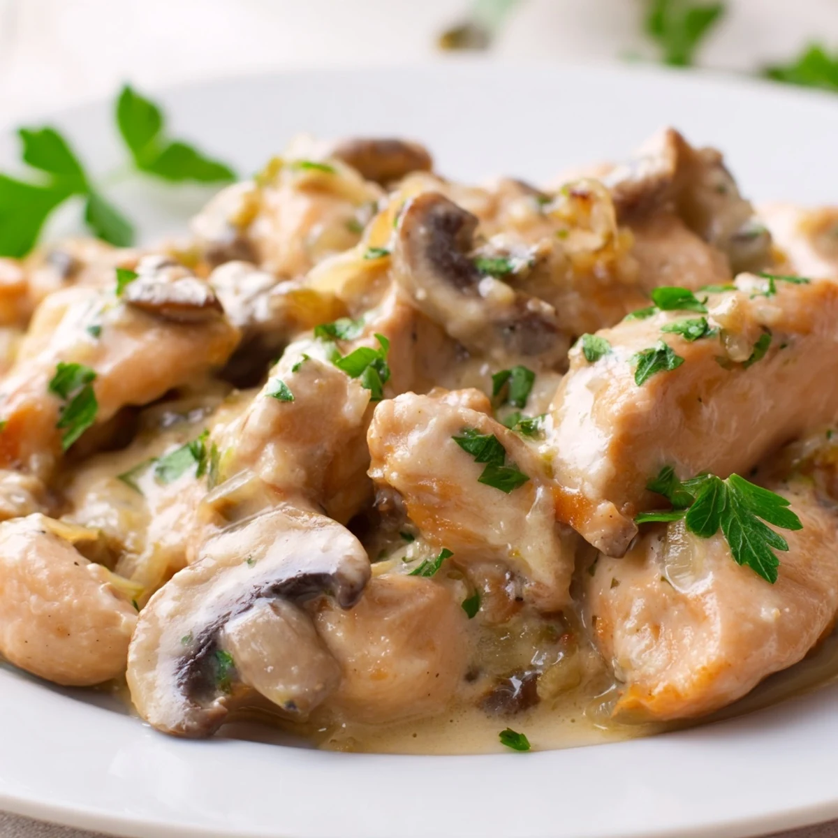 Creamy rich chicken stroganoff with tender strips and mushrooms in a velvety sour cream sauce over egg noodles