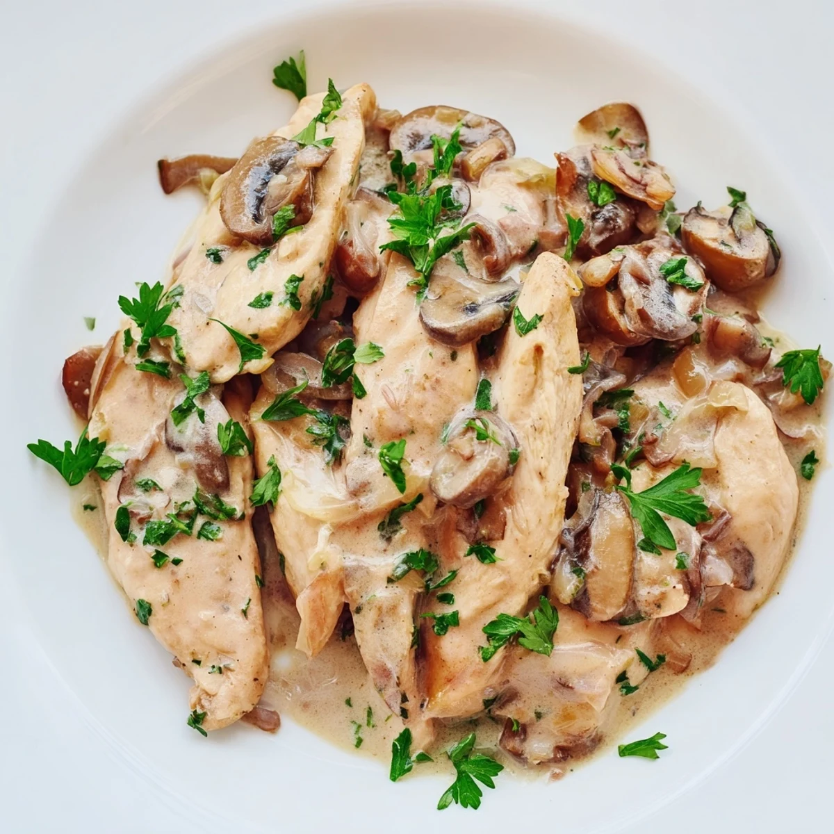 Golden pan-seared chicken pieces nestled in a rich stroganoff sauce with sautéed mushrooms and fresh parsley garnish