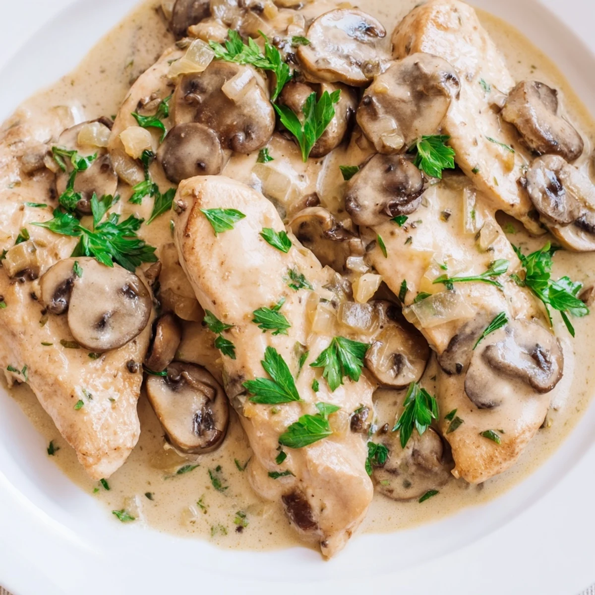 Homemade rich chicken stroganoff served steaming hot with buttered noodles and sliced cremini mushrooms on top
