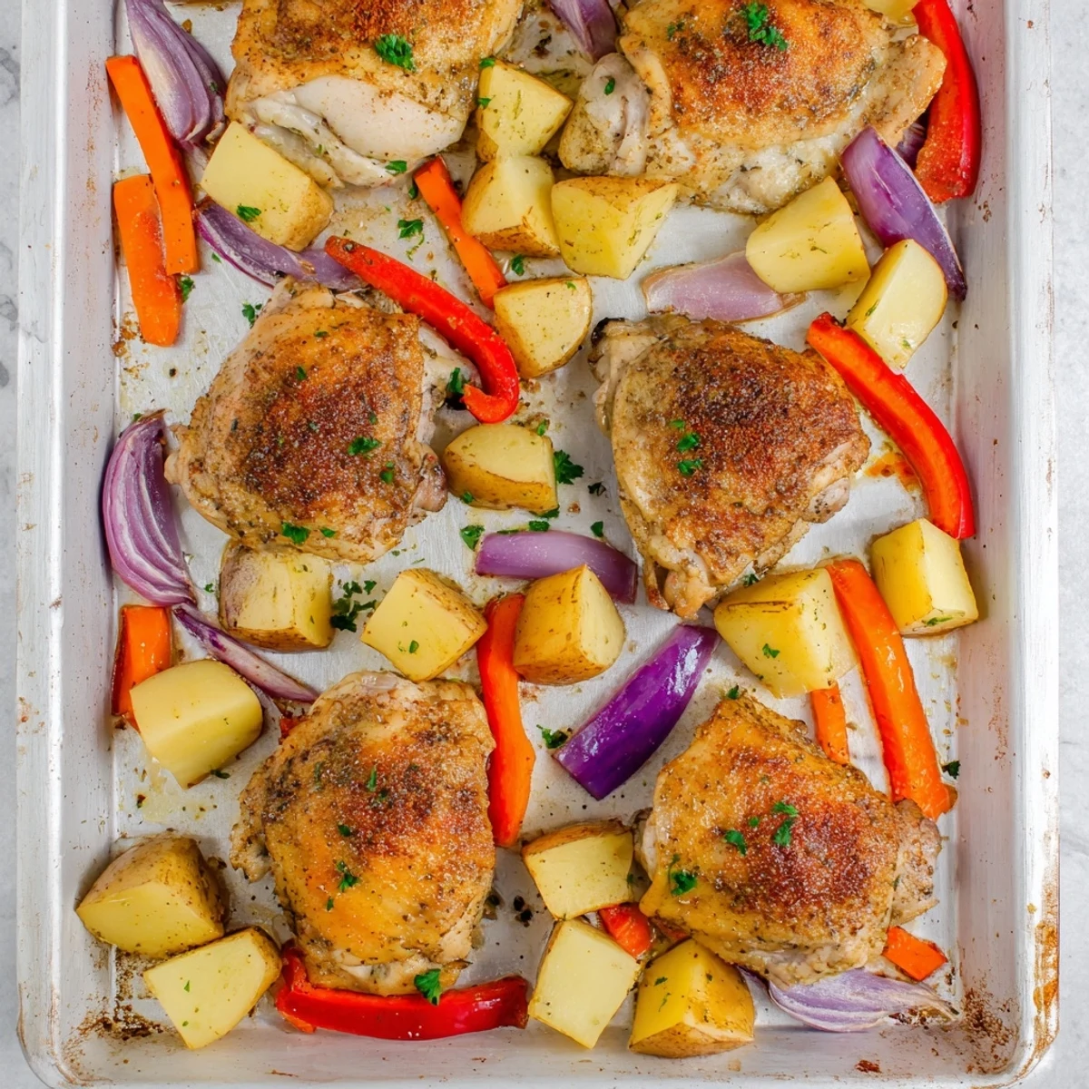 Tender roasted chicken thighs nestled with potatoes and carrots in this easy one pan chicken bake