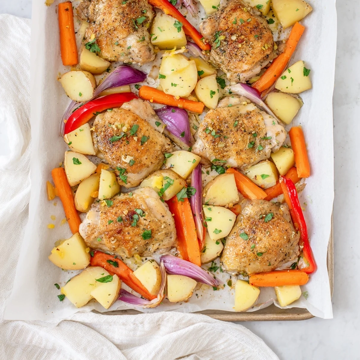 Golden crispy one pan chicken bake surrounded by colorful roasted vegetables on a baking sheet