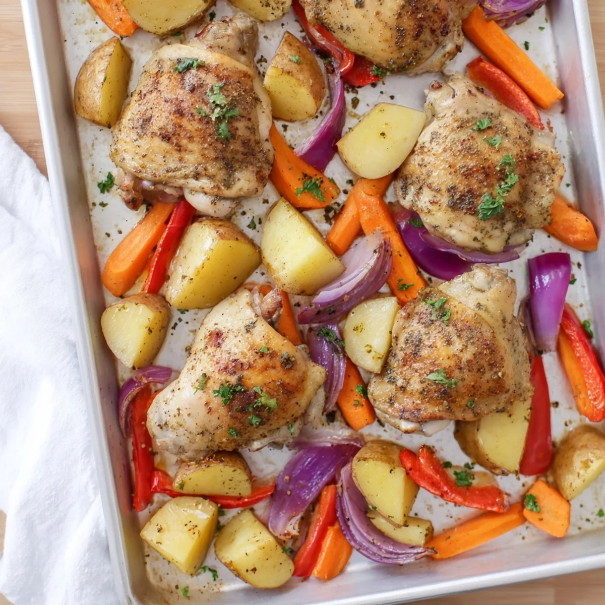 Savory one pan chicken bake featuring herb-seasoned chicken and root vegetables fresh from the oven