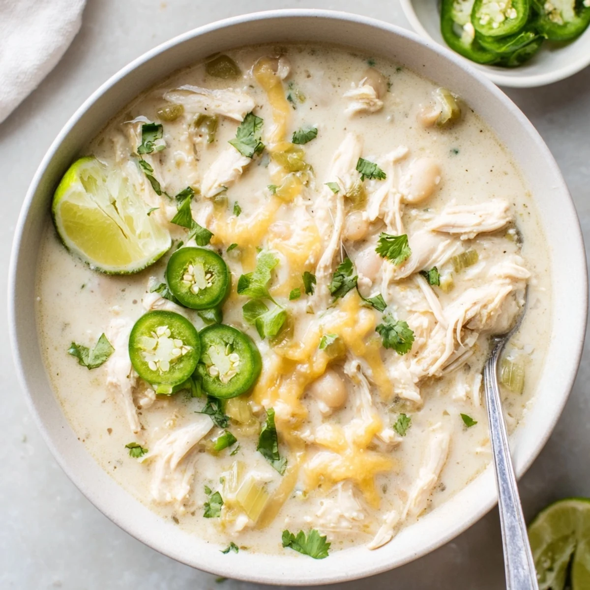 Creamy keto white chicken chili topped with fresh cilantro in a white bowl
