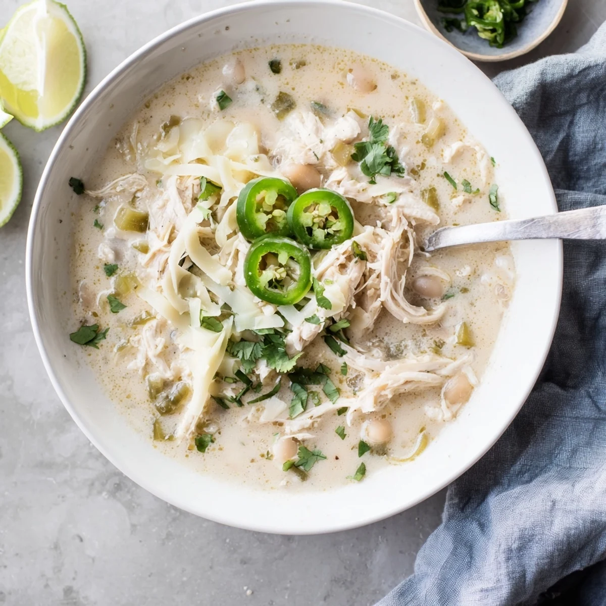 Steaming bowl of simple keto white chicken chili with shredded chicken and melted cheese