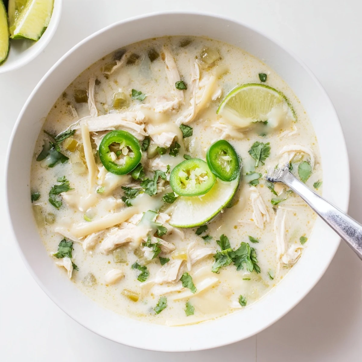 Low-carb white chicken chili recipe with tender chicken chunks and green chile garnish