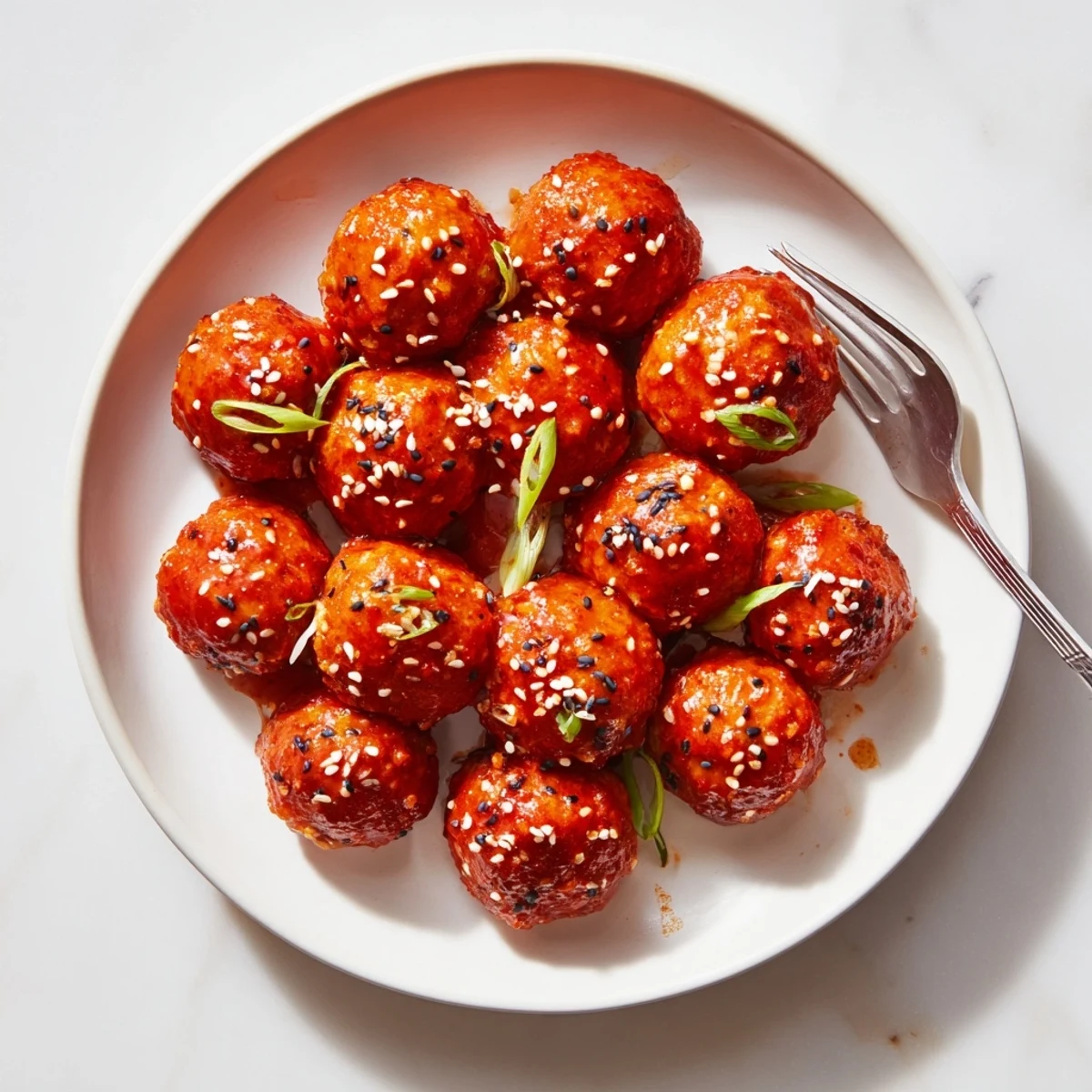 Baked chicken meatballs tossed in sweet tangy firecracker sauce topped with fresh green onion slices