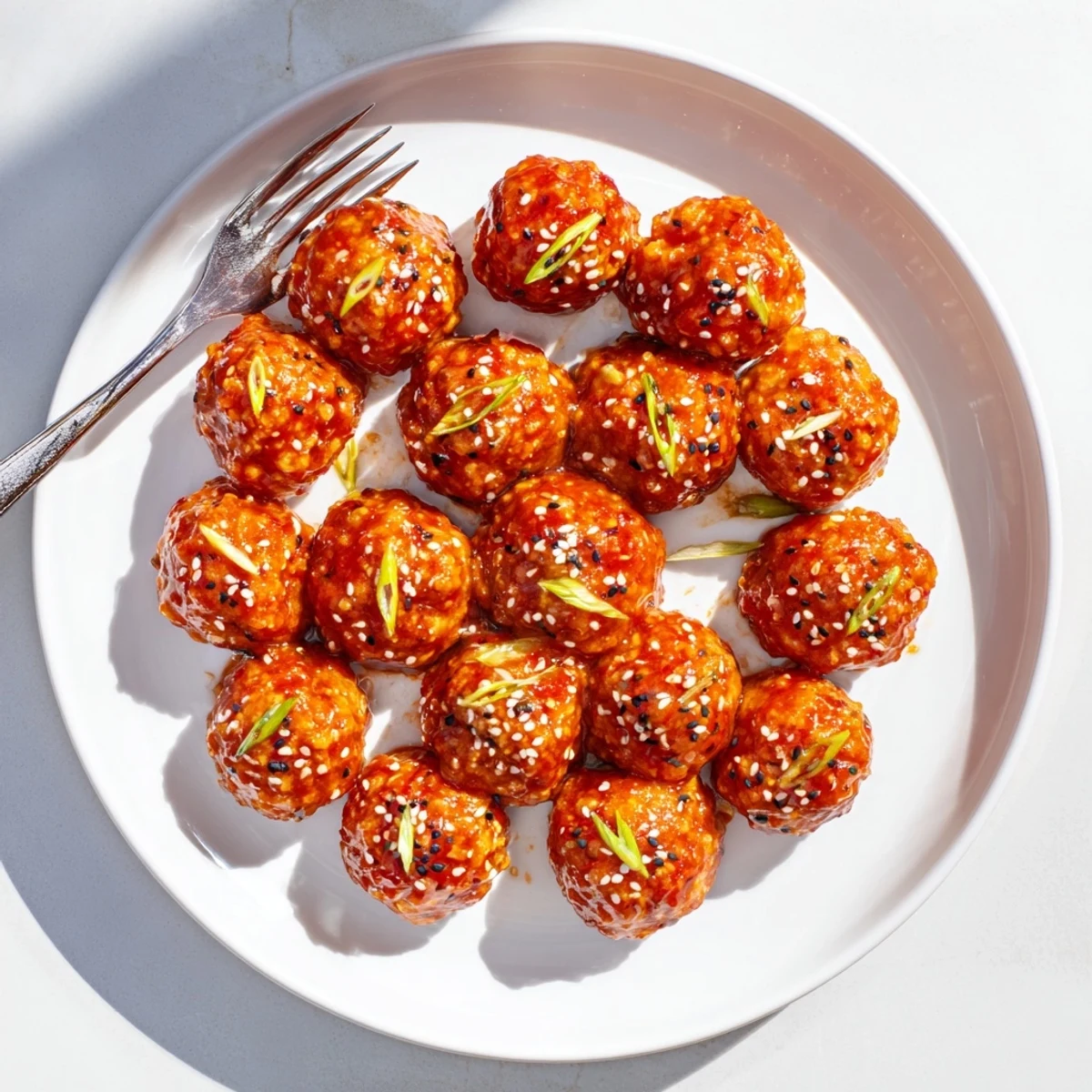Golden firecracker chicken meatballs glazed in spicy red sauce and sprinkled with sesame seeds