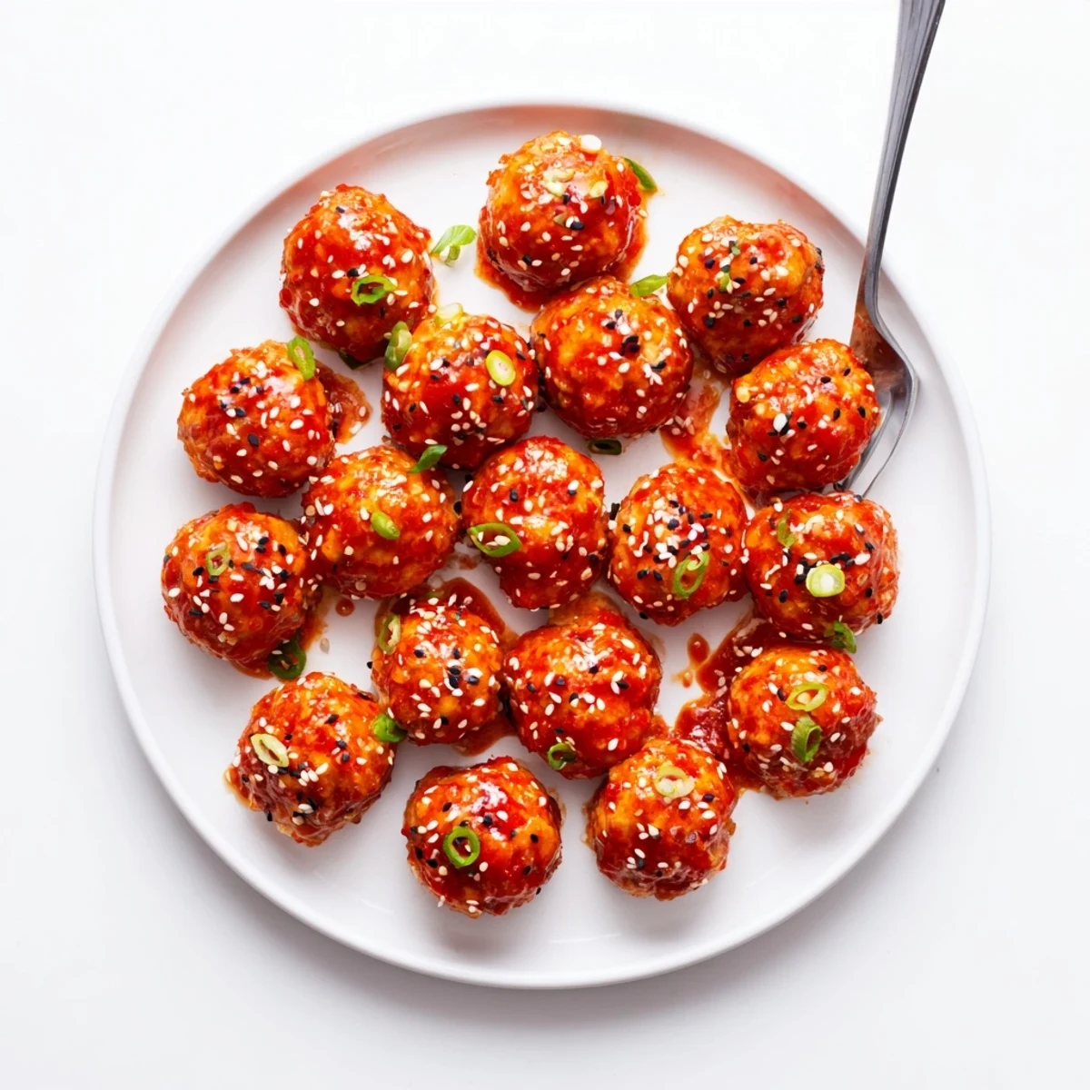 Juicy firecracker chicken meatballs served over rice with glossy red sauce and white sesame garnish