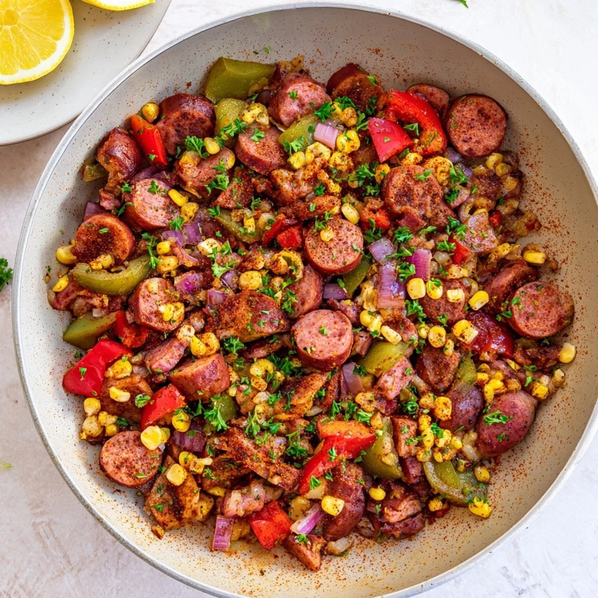 Golden Cajun corned beef and sausage skillet sizzling with colorful bell peppers and sweet corn