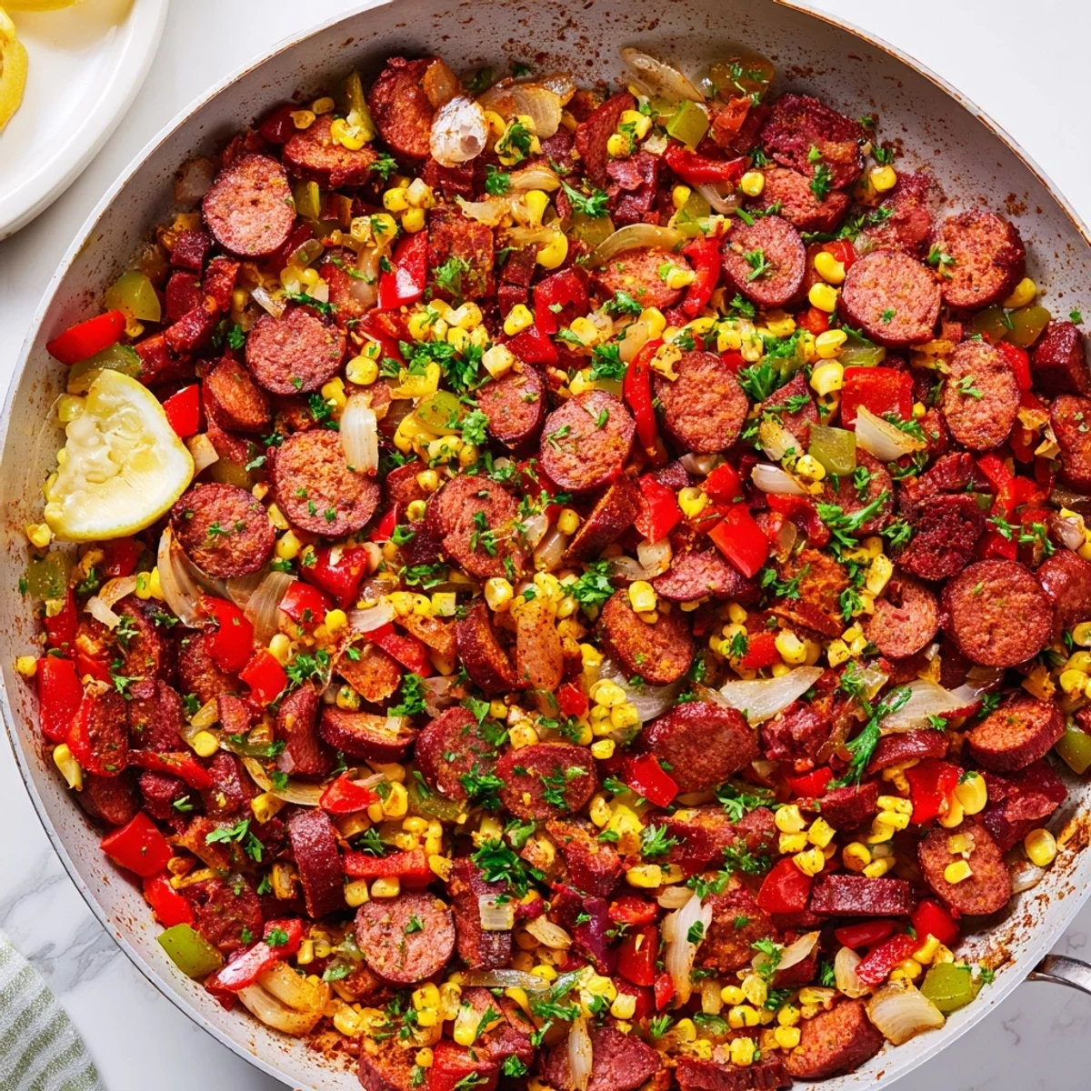 Hearty Cajun corned beef and sausage skillet plated with fresh parsley garnish and vibrant diced vegetables