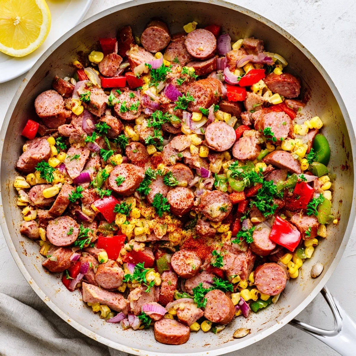 Spicy Cajun corned beef and sausage skillet featuring smoky sliced meats and tender crisp vegetables