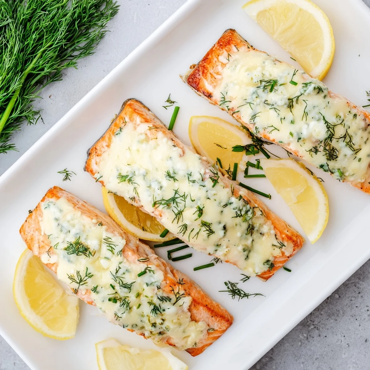 Golden baked Boursin salmon fillets topped with creamy herb cheese and fresh lemon slices