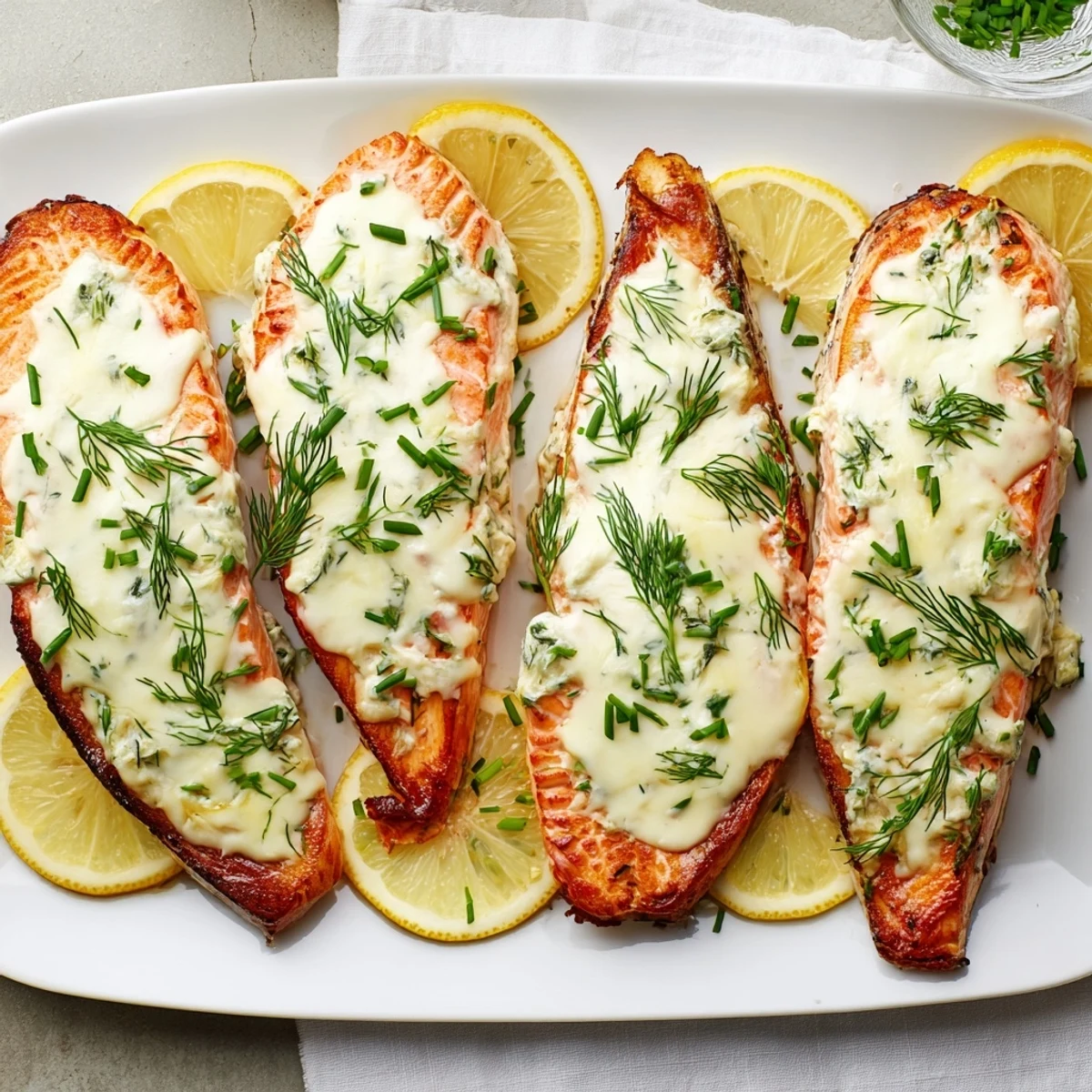 Succulent baked Boursin salmon with creamy garlic herb topping and thinly sliced lemons