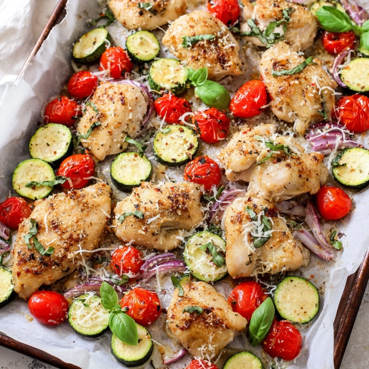 Golden roasted chicken breasts nestled among tender zucchini slices and burst cherry tomatoes on a sheet pan with fresh herbs