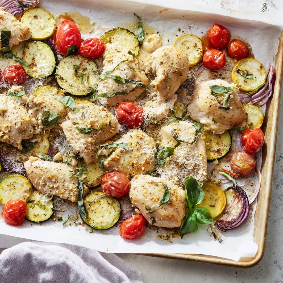 One-pan Italian chicken dinner with juicy chicken, colorful roasted zucchini, and sweet tomatoes garnished with Parmesan and basil