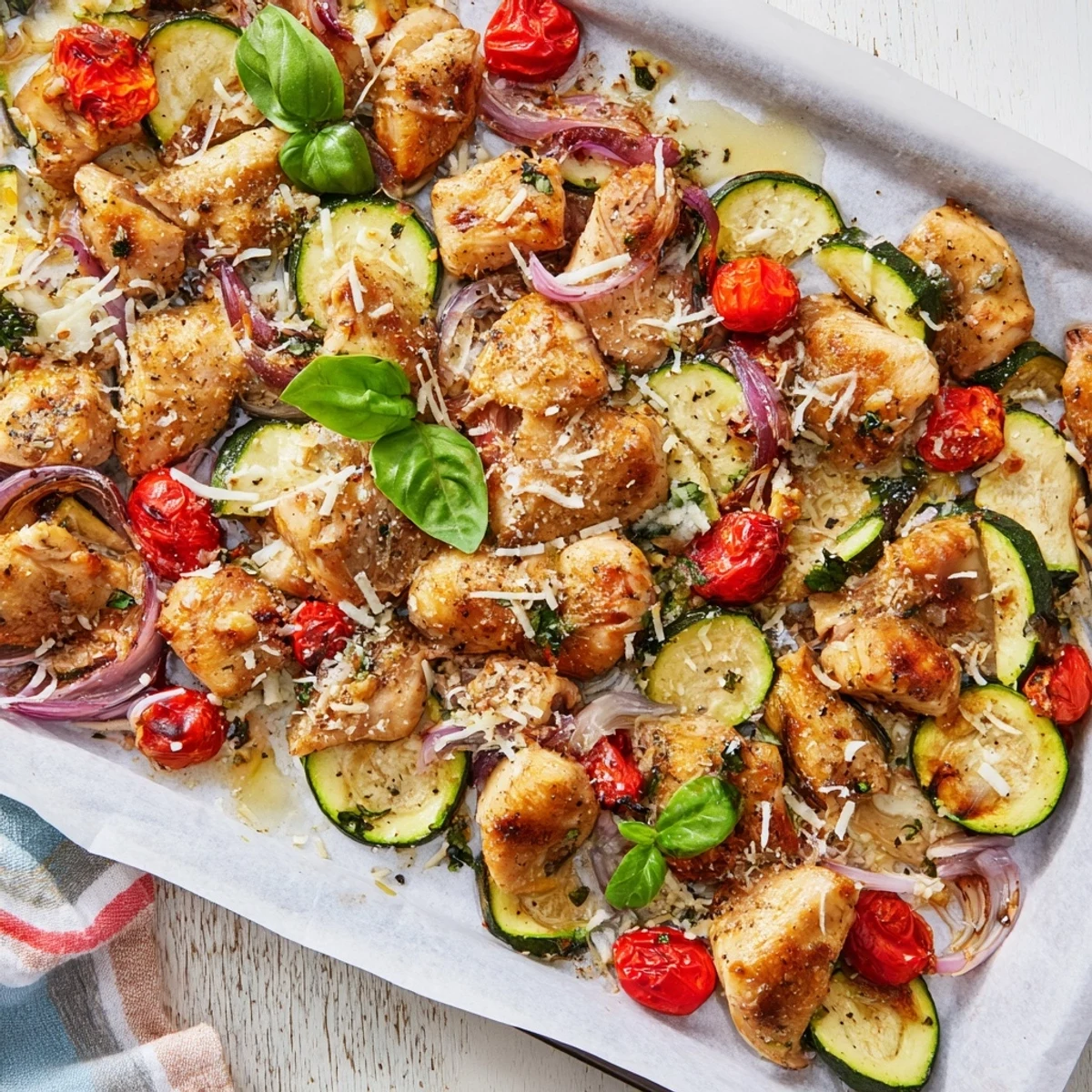 Rustic sheet pan meal featuring herb-marinated chicken surrounded by caramelized zucchini rounds and vibrant roasted cherry tomatoes