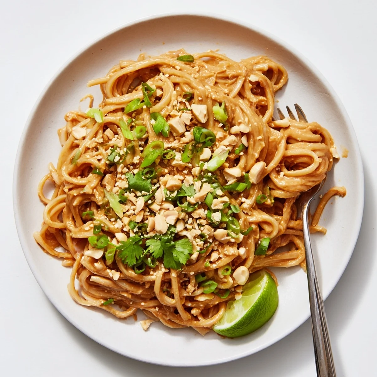 Creamy sticky peanut butter noodles tossed in rich glossy sauce with crushed peanut garnish