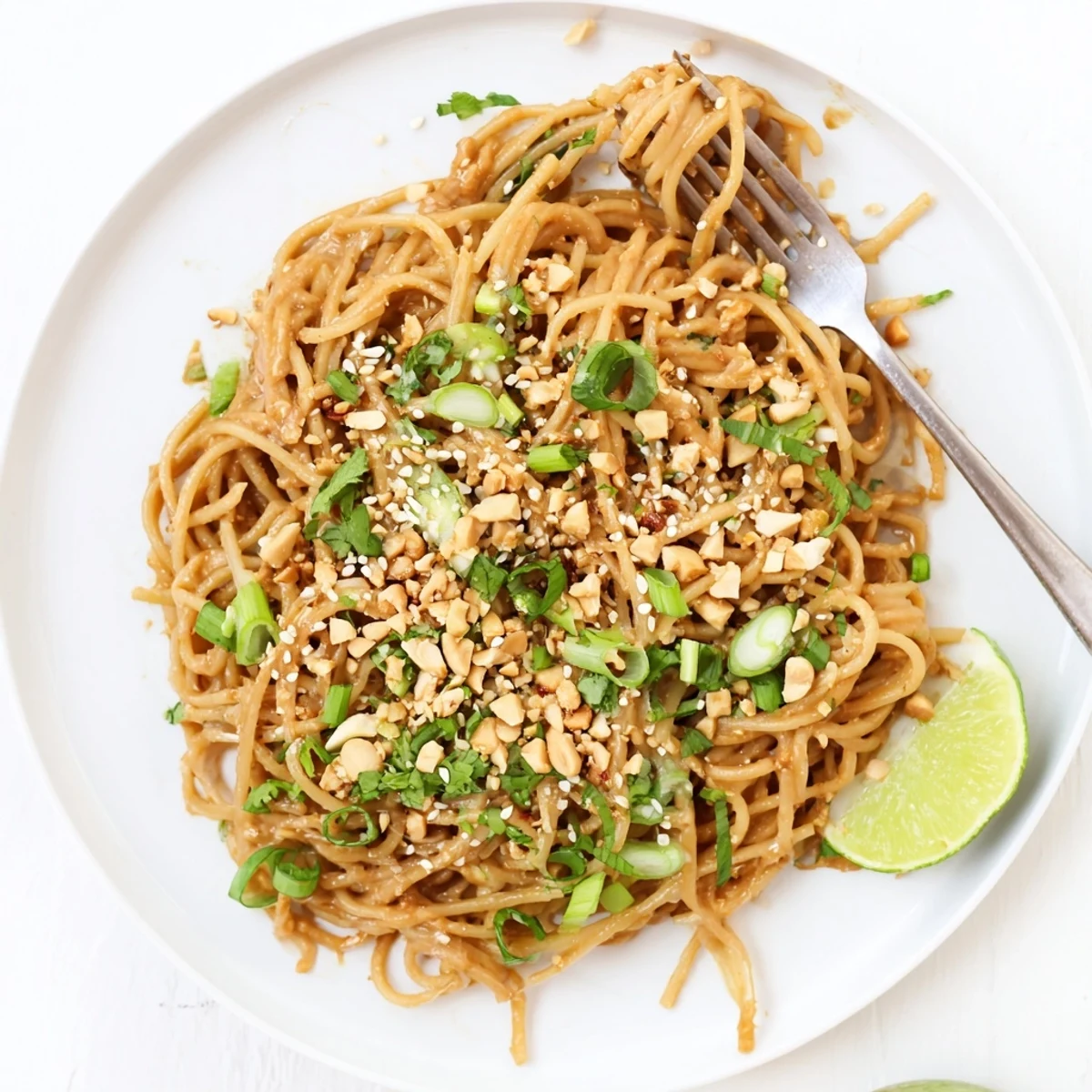 Steaming bowl of sticky peanut butter noodles coated in thick savory sauce with scallions