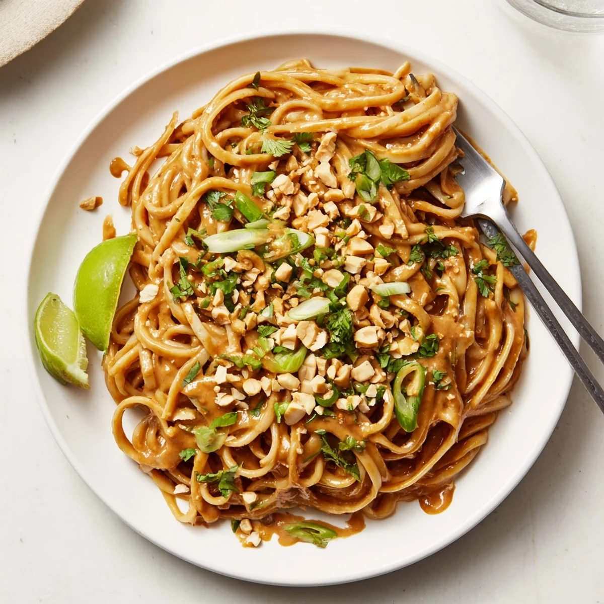 Glossy sticky peanut butter noodles drizzled with sesame peanut sauce and fresh cilantro topping