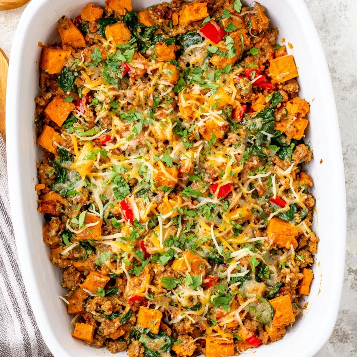 Golden cheesy savory ground turkey sweet potato bake with tender vegetables in a casserole dish